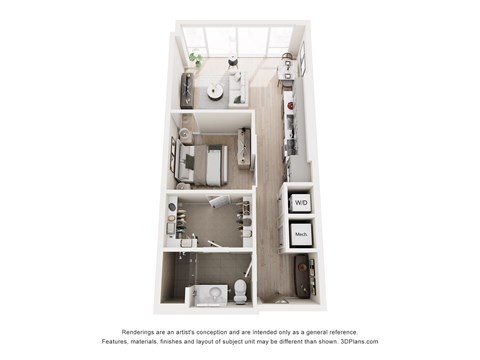 A 3D floor plan of a small apartment with a kitchen, living room, and bathroom.